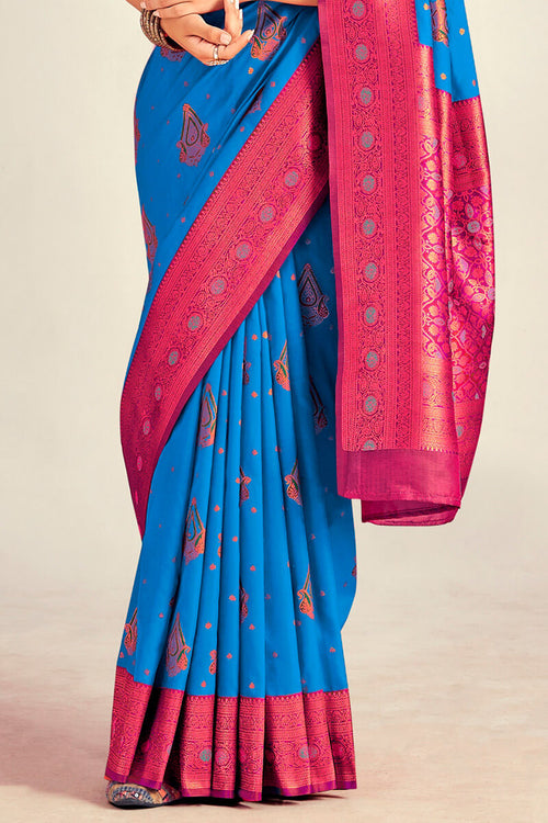 Load image into Gallery viewer, Majesty Blue Soft Banarasi Silk Saree With Flameboyant Blouse Piece
