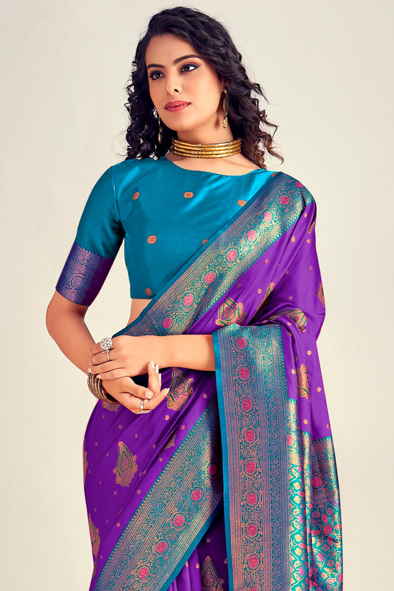 Eloquence Purple Soft Banarasi Silk Saree With Lagniappe Blouse Piece