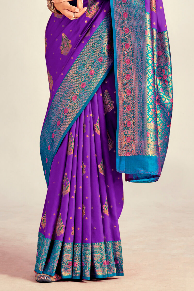 Eloquence Purple Soft Banarasi Silk Saree With Lagniappe Blouse Piece