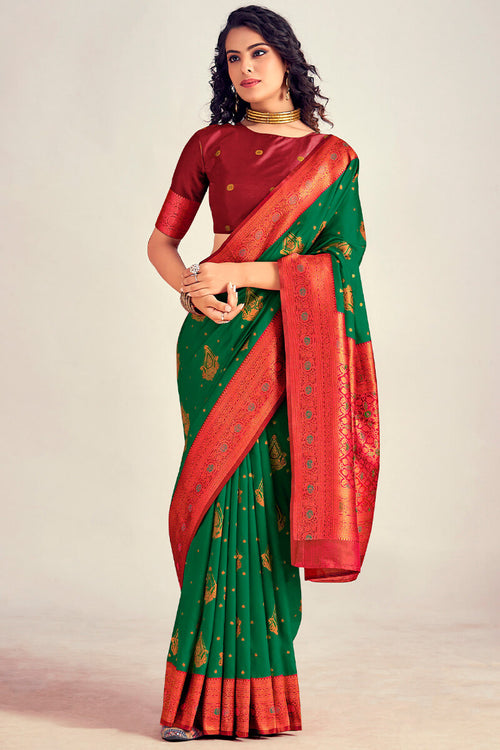 Load image into Gallery viewer, Petrichor Dark Dreen Soft Banarasi Silk Saree With Magnetic Blouse Piece
