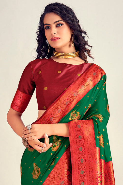 Load image into Gallery viewer, Petrichor Dark Dreen Soft Banarasi Silk Saree With Magnetic Blouse Piece
