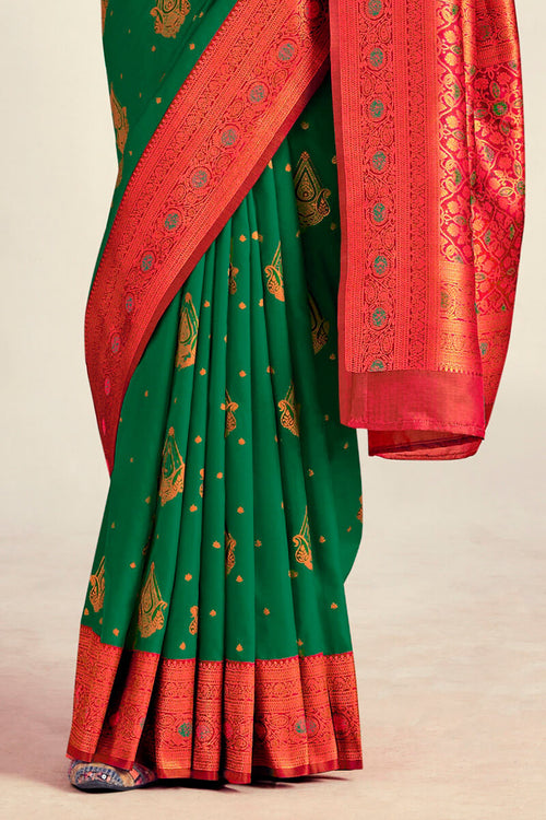 Load image into Gallery viewer, Petrichor Dark Dreen Soft Banarasi Silk Saree With Magnetic Blouse Piece
