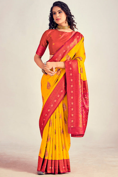 Load image into Gallery viewer, Symmetrical Yellow Soft Banarasi Silk Saree With Snappy Blouse Piece
