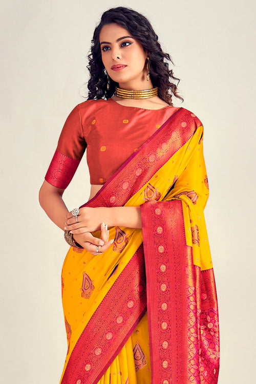 Load image into Gallery viewer, Symmetrical Yellow Soft Banarasi Silk Saree With Snappy Blouse Piece
