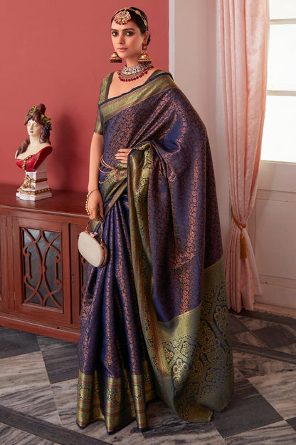Amazing Navy Blue Kanjivaram Silk Saree With Mesmerising Blouse Piece