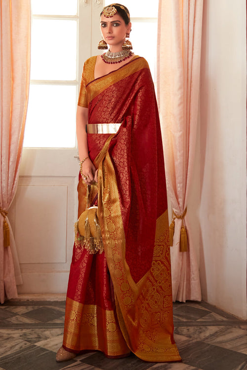 Load image into Gallery viewer, Phenomenal Red Kanjivaram Silk Saree With Appealing Blouse Piece
