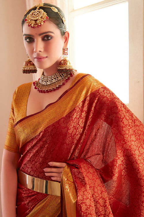 Load image into Gallery viewer, Phenomenal Red Kanjivaram Silk Saree With Appealing Blouse Piece
