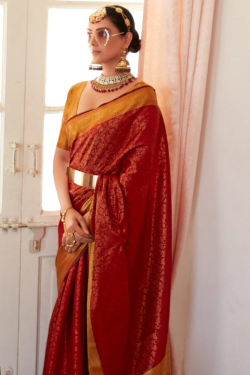 Load image into Gallery viewer, Phenomenal Red Kanjivaram Silk Saree With Appealing Blouse Piece
