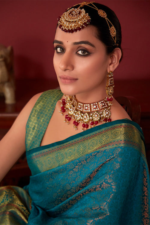 Load image into Gallery viewer, Ravishing Rama Kanjivaram Silk Saree With Flameboyant Blouse Piece
