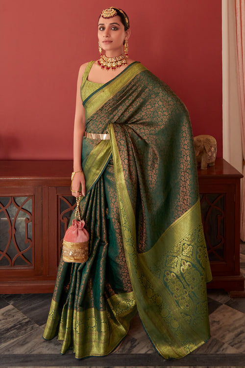 Load image into Gallery viewer, Classic Green Kanjivaram Silk Saree With Ailurophile Blouse Piece
