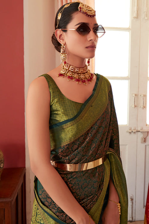 Load image into Gallery viewer, Classic Green Kanjivaram Silk Saree With Ailurophile Blouse Piece
