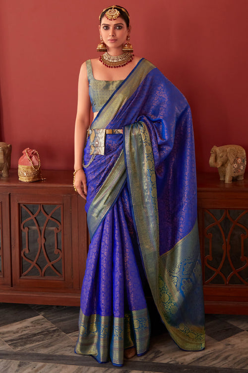 Load image into Gallery viewer, Effervescent Royal Blue Kanjivaram Silk Saree With Petrichor Blouse Piece
