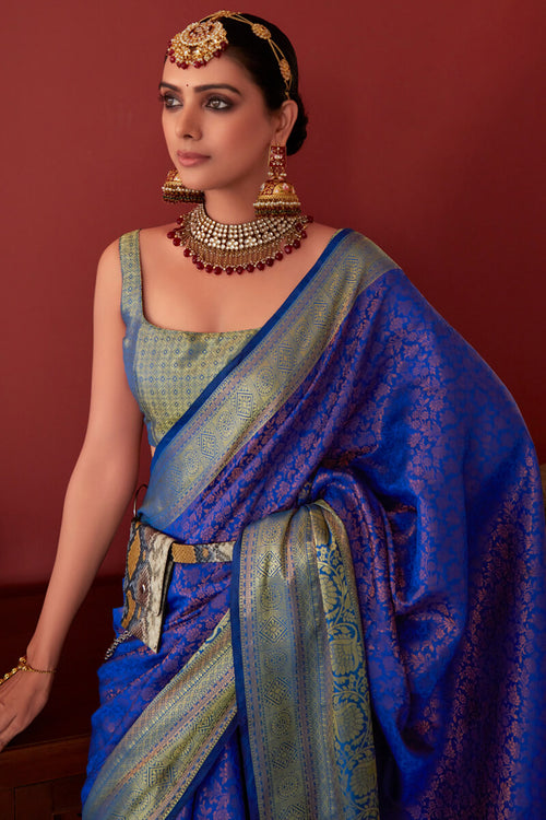 Load image into Gallery viewer, Effervescent Royal Blue Kanjivaram Silk Saree With Petrichor Blouse Piece
