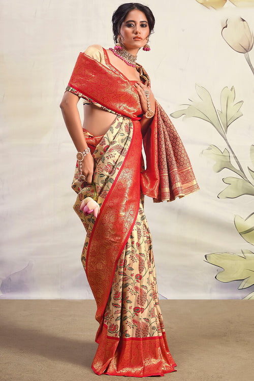 Load image into Gallery viewer, Classy Beige Kalamkari Printed Saree With Winsome Blouse Piece
