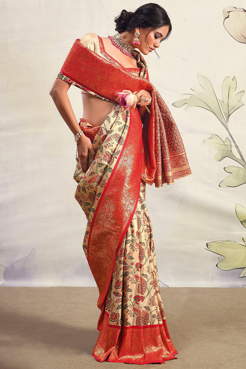 Load image into Gallery viewer, Classy Beige Kalamkari Printed Saree With Winsome Blouse Piece
