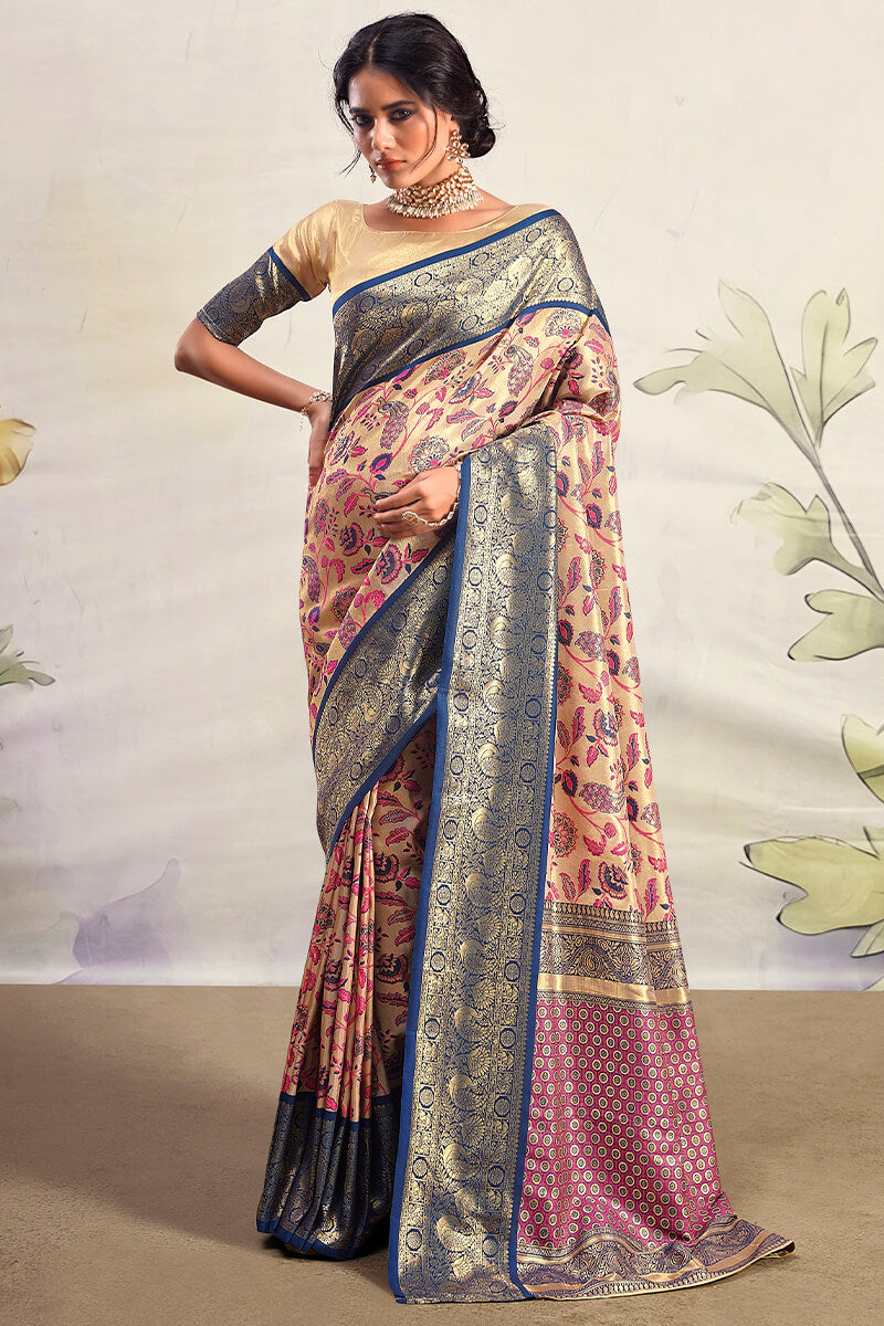 Stylish Beige Kalamkari Printed Saree With Mellifluous Blouse Piece