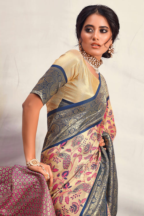 Load image into Gallery viewer, Stylish Beige Kalamkari Printed Saree With Mellifluous Blouse Piece
