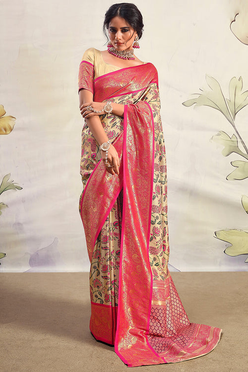 Load image into Gallery viewer, Beautiful Beige Kalamkari Printed Saree With Exquisite Blouse Piece
