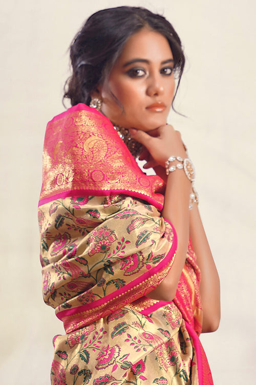 Load image into Gallery viewer, Beautiful Beige Kalamkari Printed Saree With Exquisite Blouse Piece
