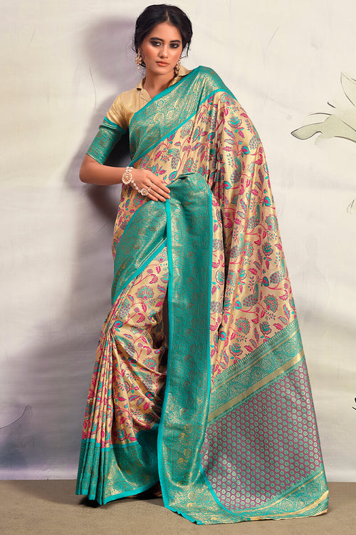 Load image into Gallery viewer, Breathtaking Beige Kalamkari Printed Saree With Quixotic Blouse Piece
