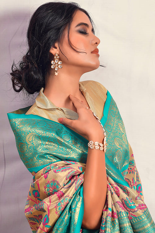 Load image into Gallery viewer, Breathtaking Beige Kalamkari Printed Saree With Quixotic Blouse Piece
