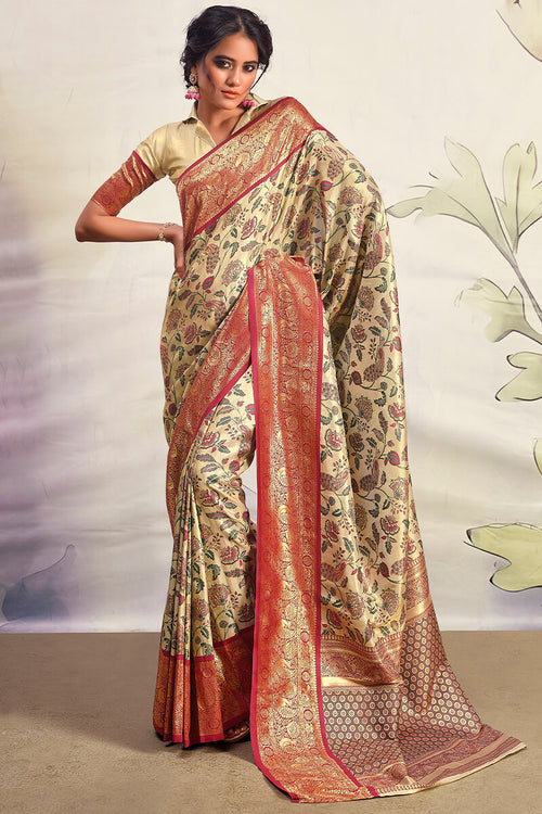 Load image into Gallery viewer, Mesmeric Beige Kalamkari Printed Saree With Ravishing Blouse Piece
