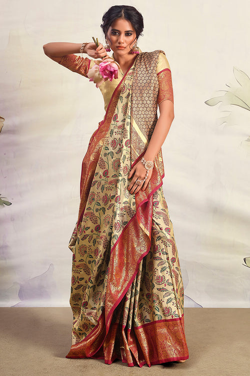 Load image into Gallery viewer, Mesmeric Beige Kalamkari Printed Saree With Ravishing Blouse Piece
