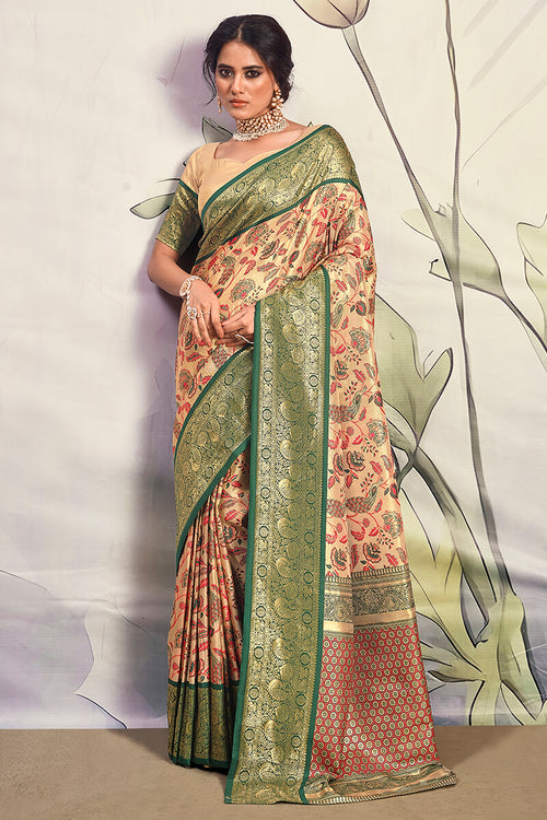 Load image into Gallery viewer, Fairytale Beige Kalamkari Printed Saree With Ethereal Blouse Piece
