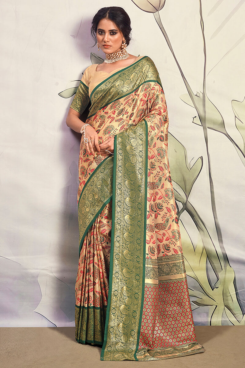 Fairytale Beige Kalamkari Printed Saree With Ethereal Blouse Piece