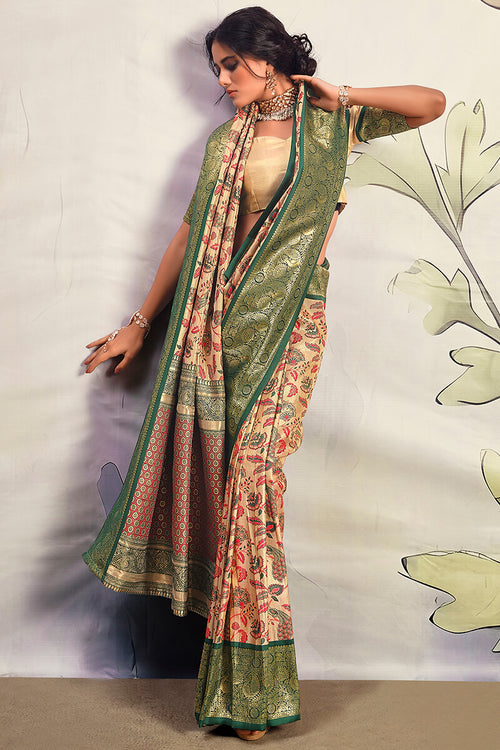 Load image into Gallery viewer, Fairytale Beige Kalamkari Printed Saree With Ethereal Blouse Piece
