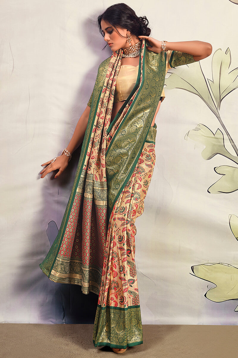 Fairytale Beige Kalamkari Printed Saree With Ethereal Blouse Piece