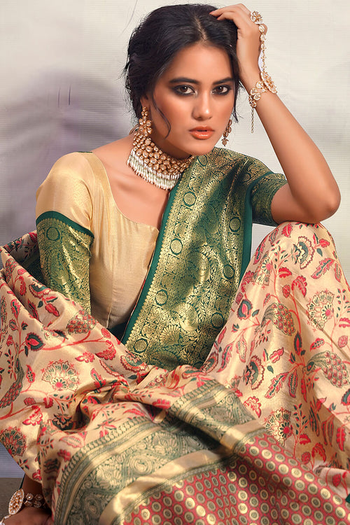 Load image into Gallery viewer, Fairytale Beige Kalamkari Printed Saree With Ethereal Blouse Piece
