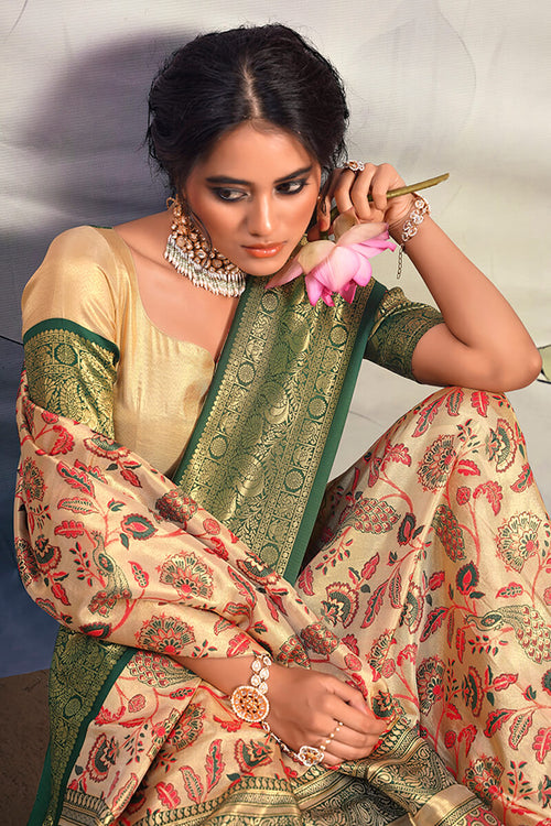 Load image into Gallery viewer, Fairytale Beige Kalamkari Printed Saree With Ethereal Blouse Piece
