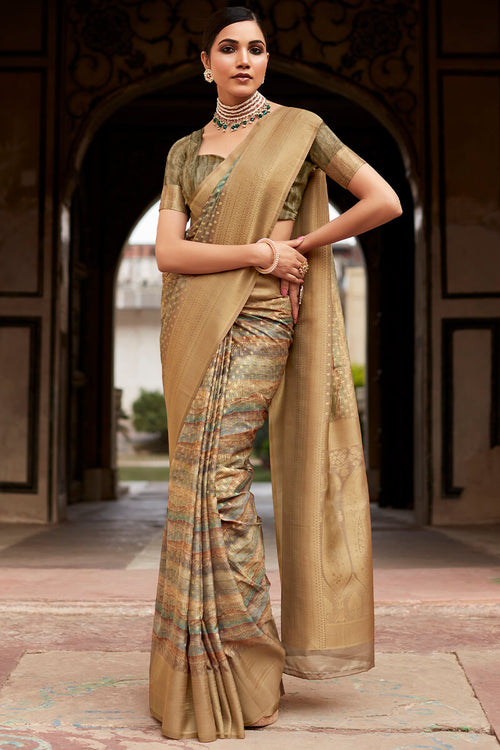 Load image into Gallery viewer, Lagniappe Mehandi Digital Printed Crape Silk Saree With Jubilant Blouse Piece
