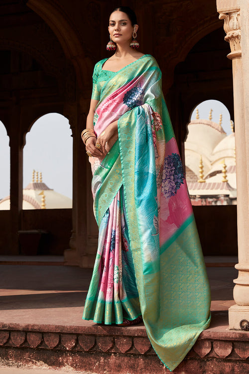 Load image into Gallery viewer, Engaging Sea Green Digital Printed Soft Silk Saree With Exquisite Blouse Piece
