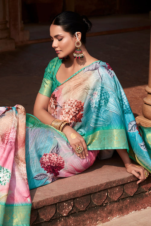 Load image into Gallery viewer, Engaging Sea Green Digital Printed Soft Silk Saree With Exquisite Blouse Piece
