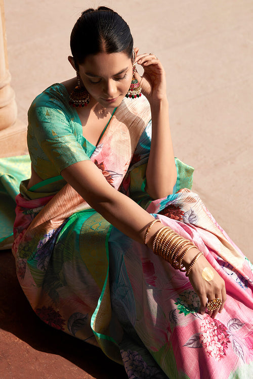 Load image into Gallery viewer, Engaging Sea Green Digital Printed Soft Silk Saree With Exquisite Blouse Piece
