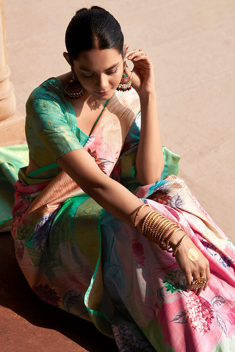 Engaging Sea Green Digital Printed Soft Silk Saree With Exquisite Blouse Piece