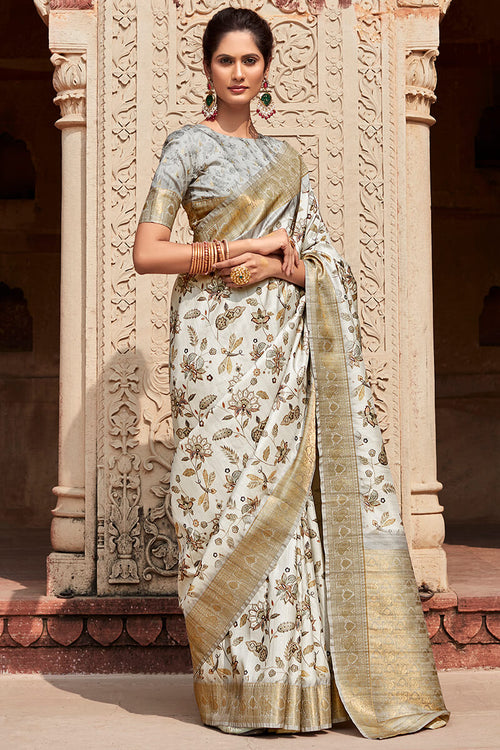 Load image into Gallery viewer, Efflorescence Off White Digital Printed Soft Silk Saree With Luminous Blouse Piece
