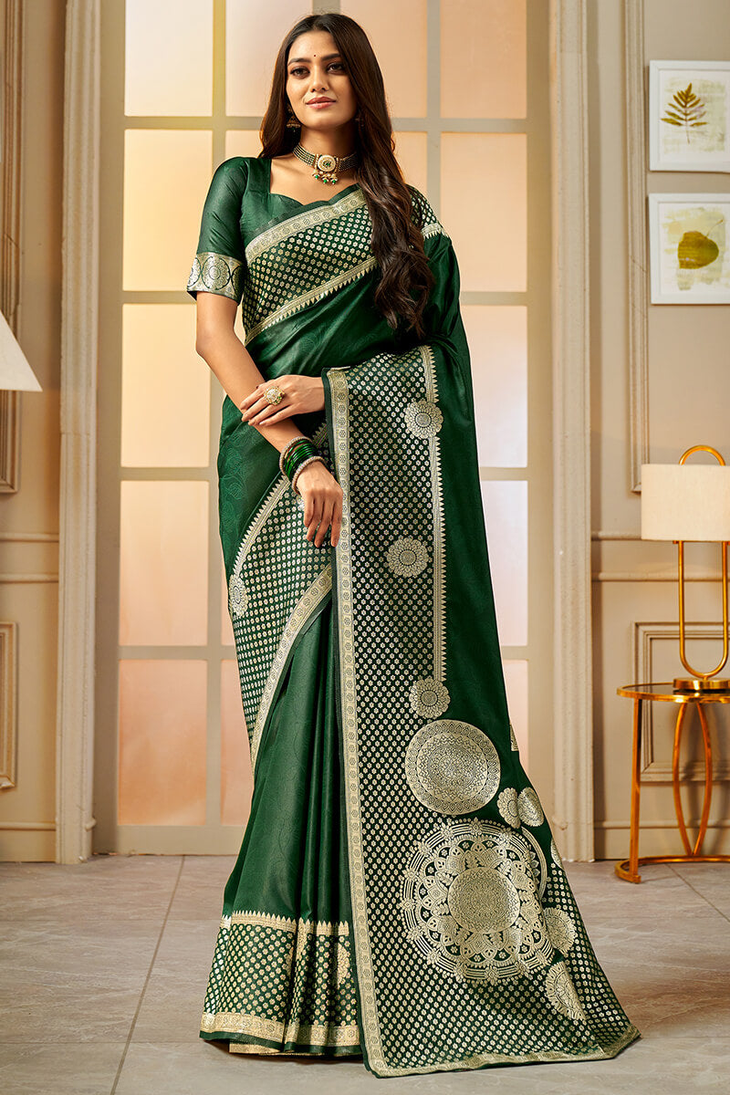 Bewitching Dark Green Soft Banarasi Silk Saree With Desultory Blouse Piece