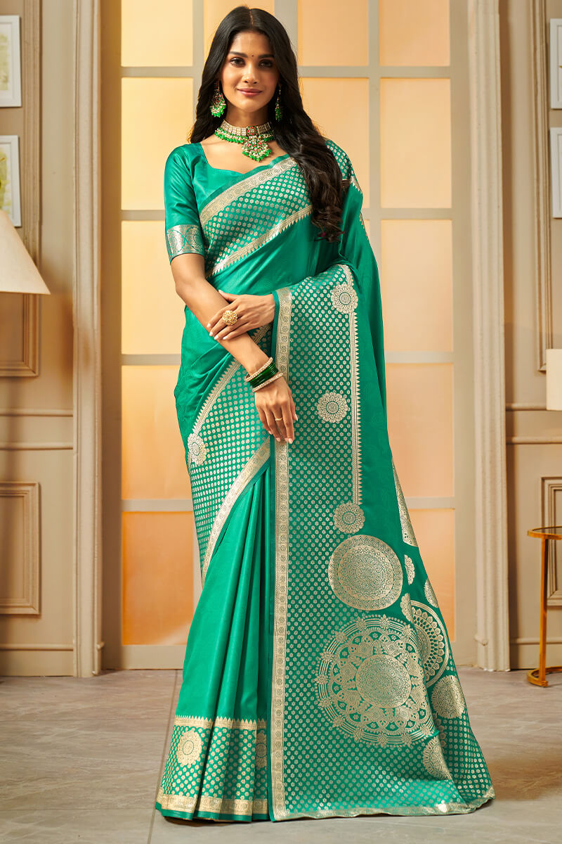 Lissome Sea Green Soft Banarasi Silk Saree With Redolent Blouse Piece