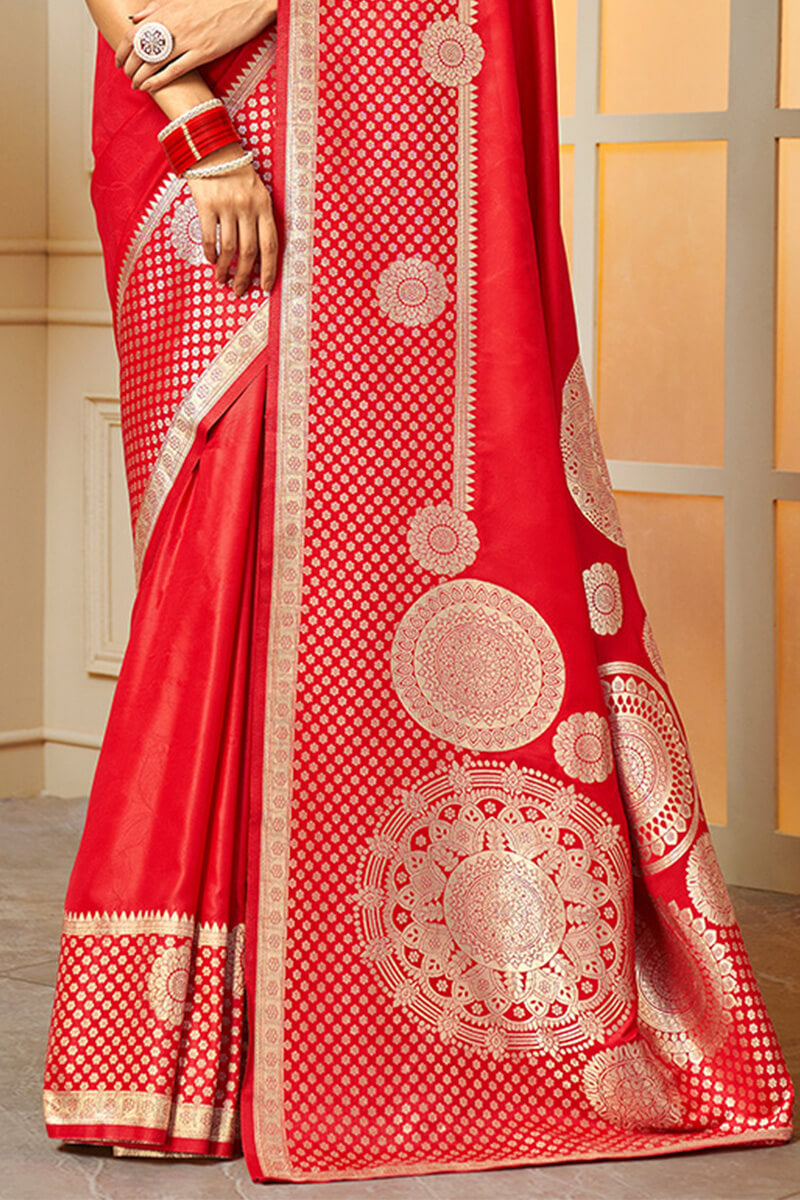 Felicitous Red Soft Banarasi Silk Saree With Exuberant Blouse Piece