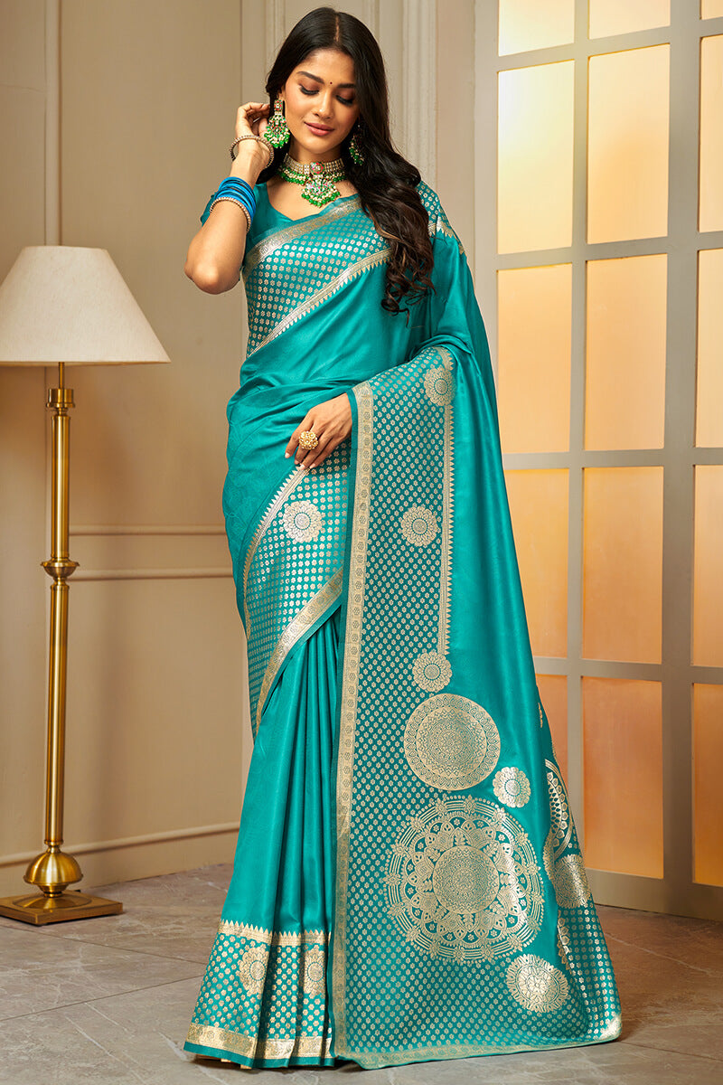 Enthralling Firozi Soft Banarasi Silk Saree With Piquant Blouse Piece