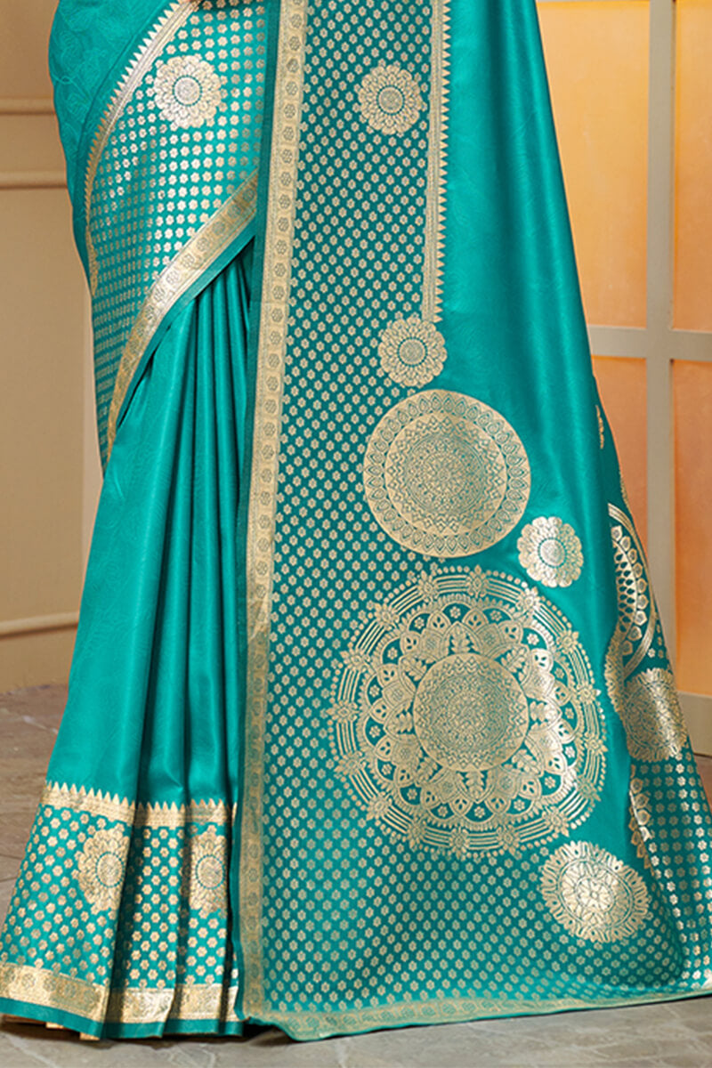 Enthralling Firozi Soft Banarasi Silk Saree With Piquant Blouse Piece