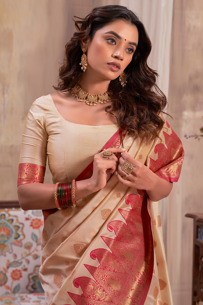 Susurrous Beige Soft Banarasi Silk Saree With Staggering Blouse Piece