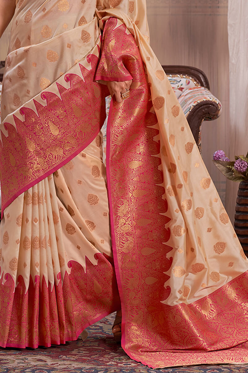 Susurrous Beige Soft Banarasi Silk Saree With Staggering Blouse Piece