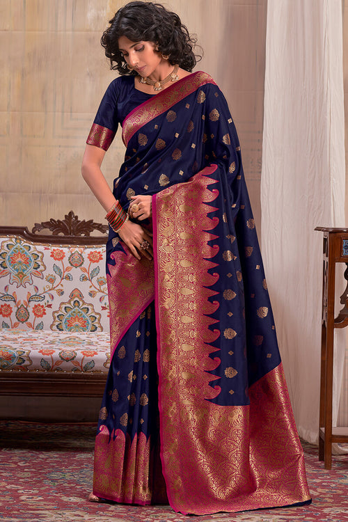 Load image into Gallery viewer, Ethereal Navy Blue Soft Banarasi Silk Saree With Eclat Blouse Piece
