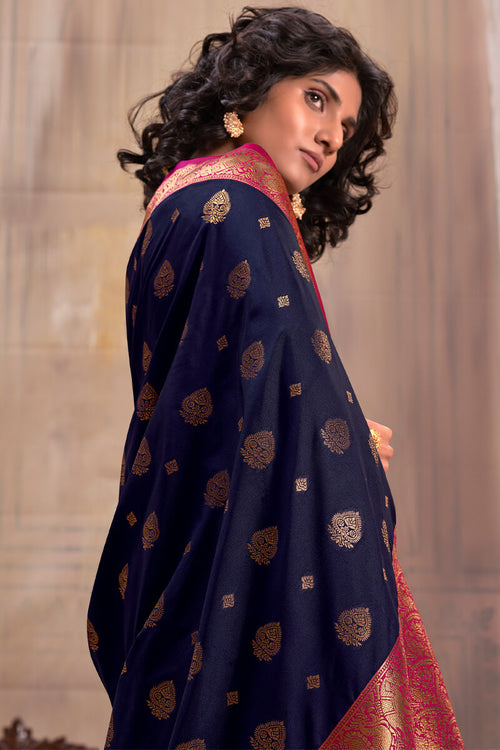 Load image into Gallery viewer, Ethereal Navy Blue Soft Banarasi Silk Saree With Eclat Blouse Piece
