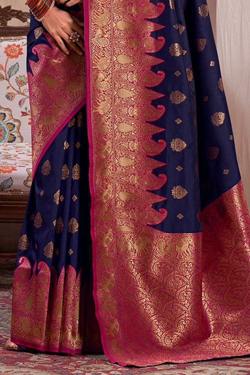 Load image into Gallery viewer, Ethereal Navy Blue Soft Banarasi Silk Saree With Eclat Blouse Piece
