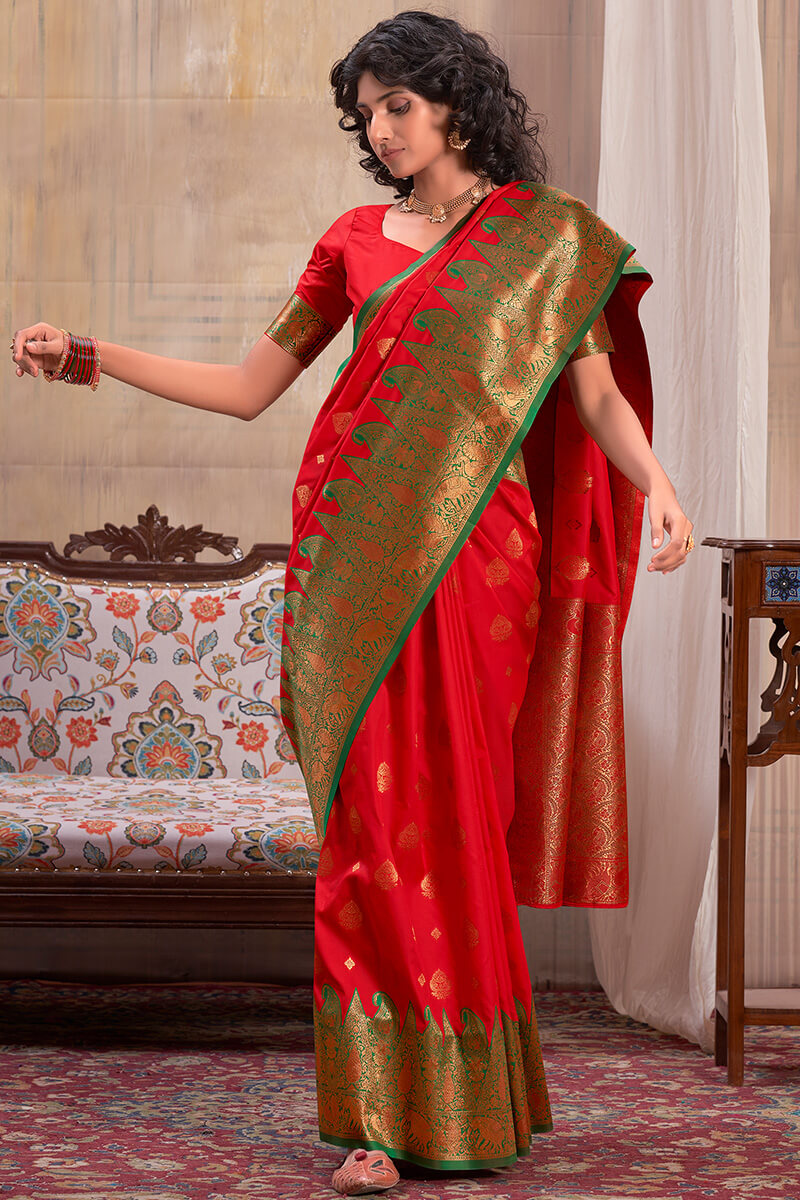 Resonant Red Soft Banarasi Silk Saree With Winsome Blouse Piece